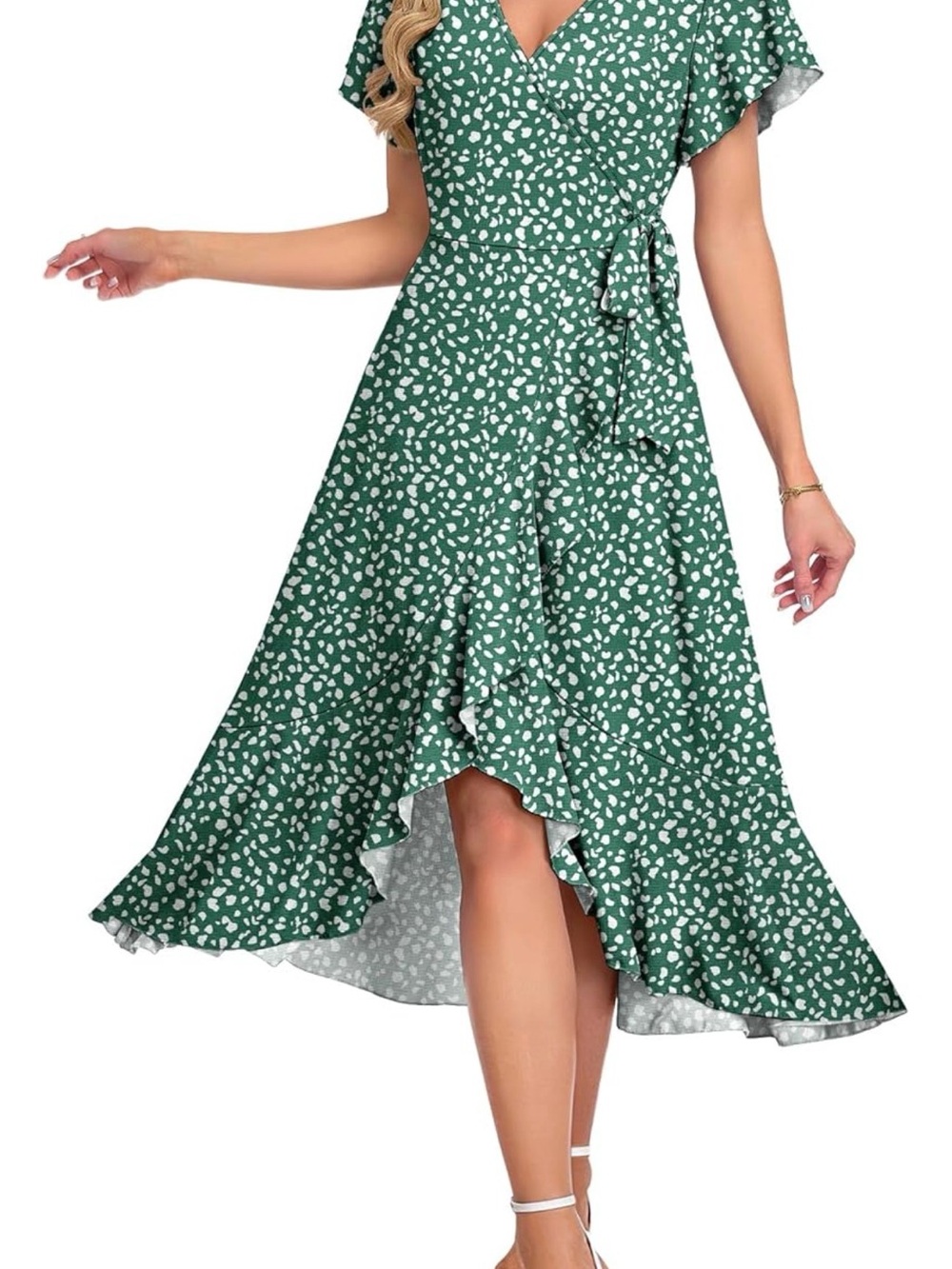 Green Printed High-Low Wrap Dress with Ruffle Hem